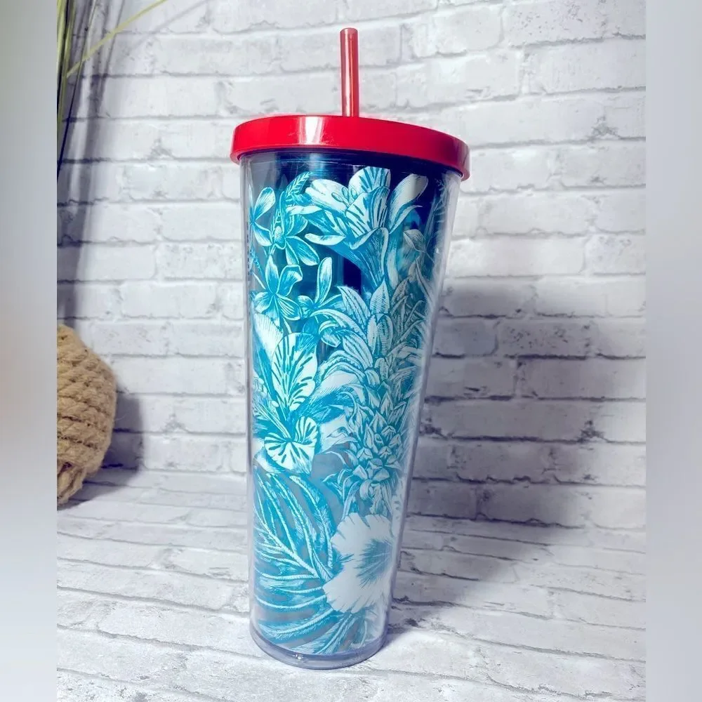 Rare STARBUCKS 2016 Blue‎ Tropical Hawaiian Flowers Tumbler Venti 24 Oz